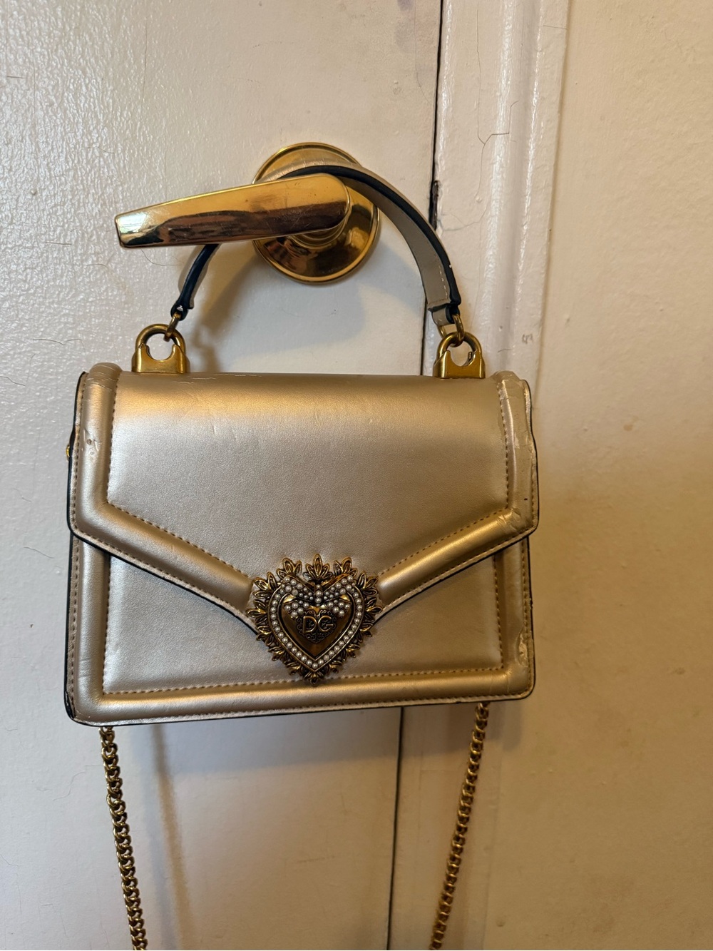 Gold Heart-Emblem Top Handle Crossbody Bag
